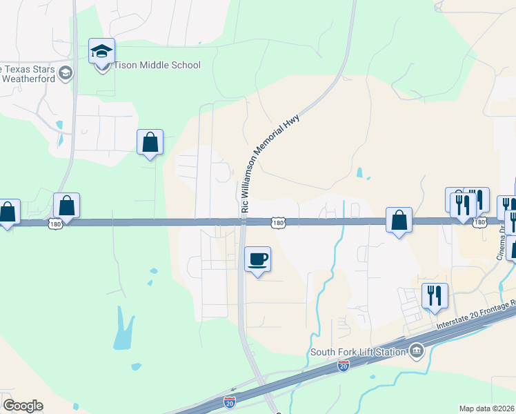 map of restaurants, bars, coffee shops, grocery stores, and more near 2305 Fort Worth Highway in Weatherford