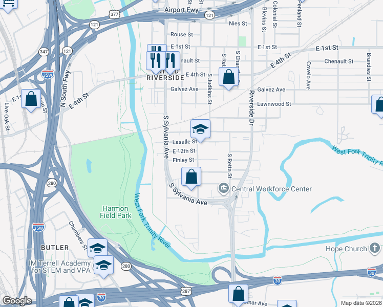 map of restaurants, bars, coffee shops, grocery stores, and more near 1003 Baurline Street in Fort Worth