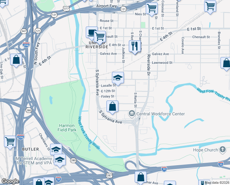 map of restaurants, bars, coffee shops, grocery stores, and more near 1003 Baurline Street in Fort Worth