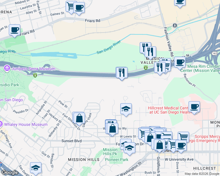 map of restaurants, bars, coffee shops, grocery stores, and more near 4436 Plumosa Way in San Diego
