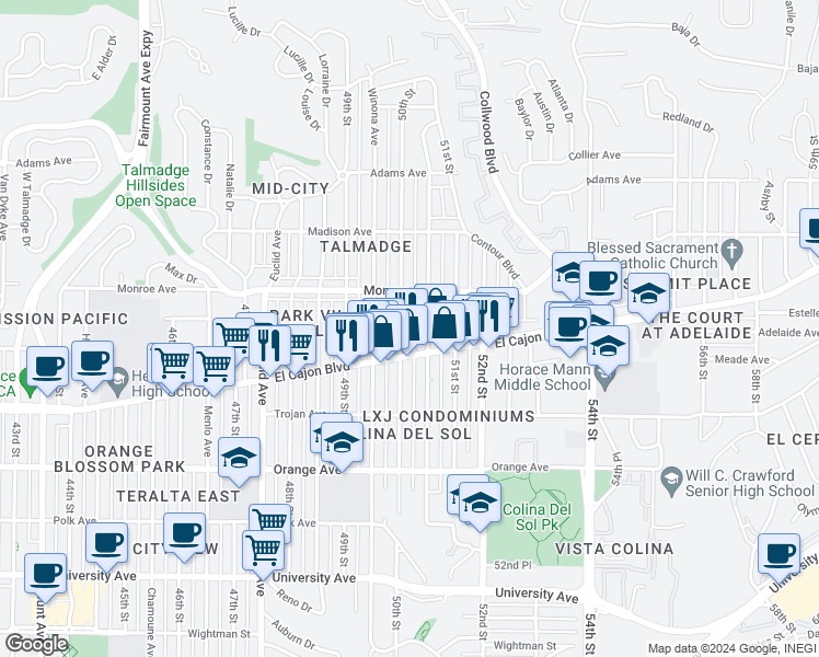 map of restaurants, bars, coffee shops, grocery stores, and more near 4437 50th Street in San Diego
