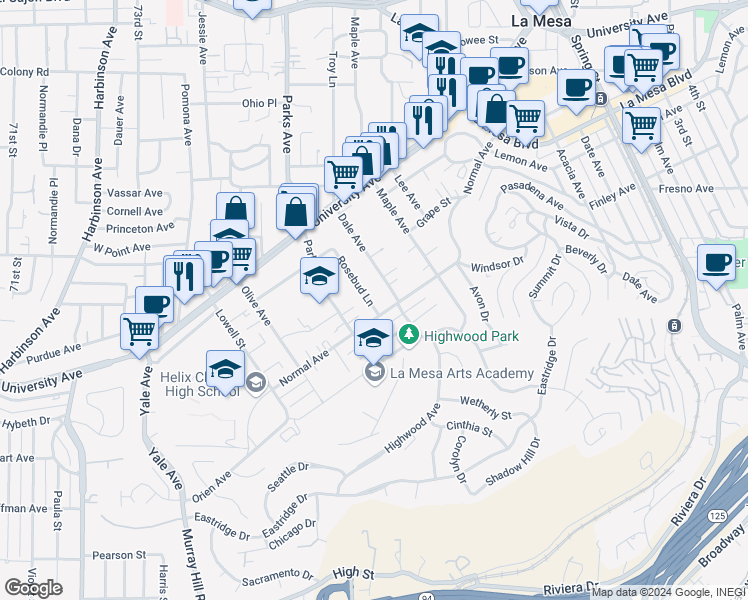 map of restaurants, bars, coffee shops, grocery stores, and more near 4355 Rosebud Lane in La Mesa