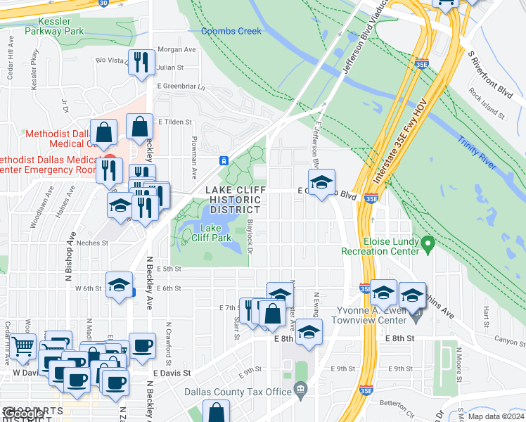 map of restaurants, bars, coffee shops, grocery stores, and more near 813 North Marsalis Avenue in Dallas