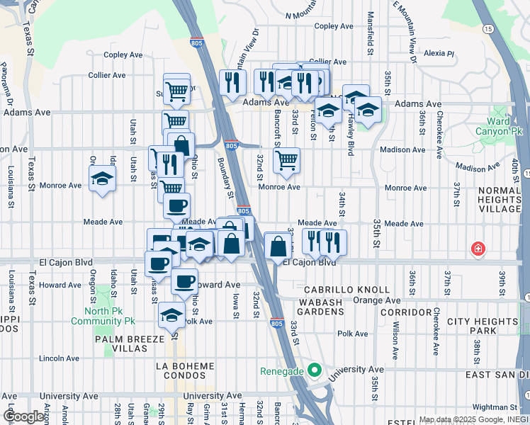 map of restaurants, bars, coffee shops, grocery stores, and more near 4459 32nd Street in San Diego