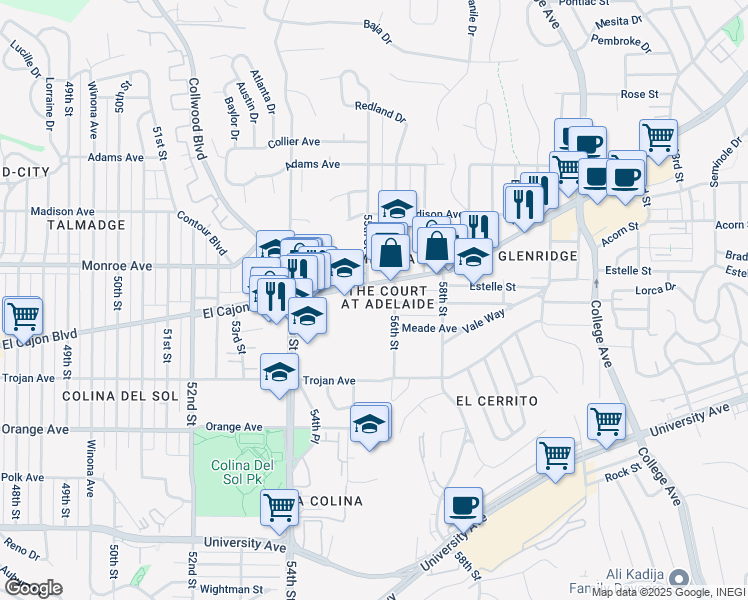 map of restaurants, bars, coffee shops, grocery stores, and more near 5510 Adelaide Avenue in San Diego