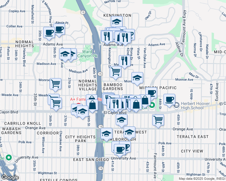 map of restaurants, bars, coffee shops, grocery stores, and more near 4431 41st Street in San Diego