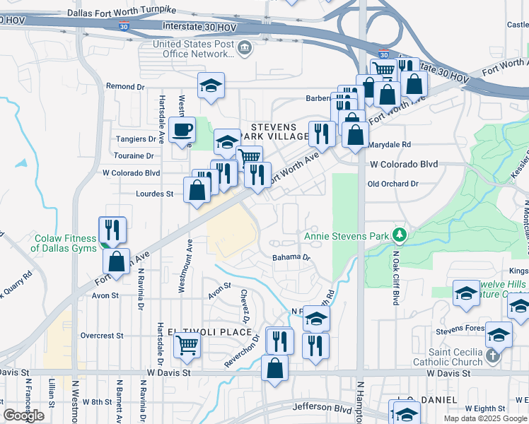 map of restaurants, bars, coffee shops, grocery stores, and more near 2522 Fort Worth Avenue in Dallas