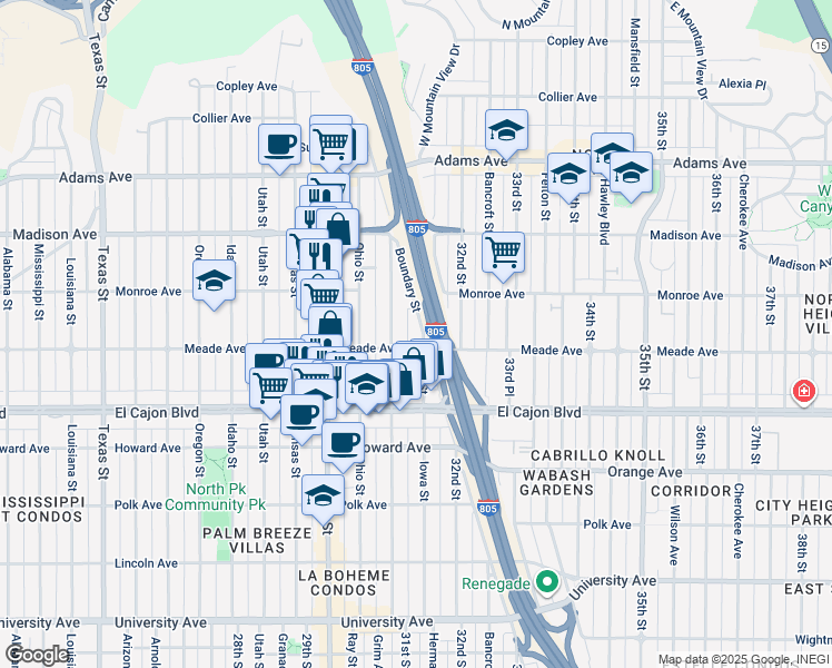 map of restaurants, bars, coffee shops, grocery stores, and more near 4457 Illinois Street in San Diego