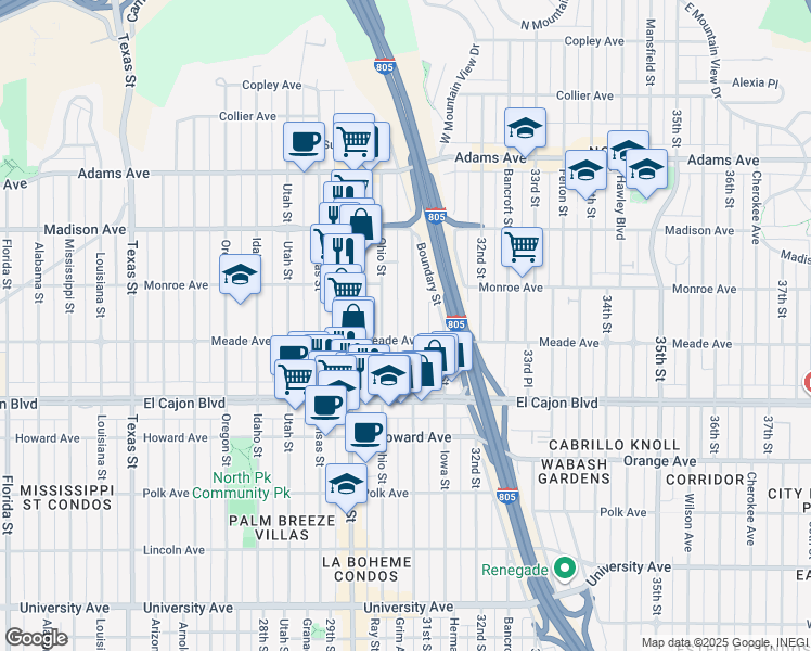map of restaurants, bars, coffee shops, grocery stores, and more near 4457 Illinois Street in San Diego