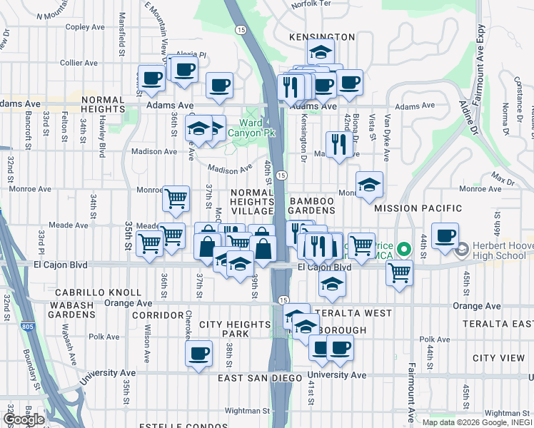 map of restaurants, bars, coffee shops, grocery stores, and more near 4478 40th Street in San Diego