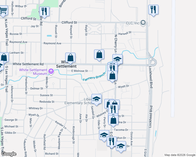 map of restaurants, bars, coffee shops, grocery stores, and more near 7947 White Settlement Road in Fort Worth