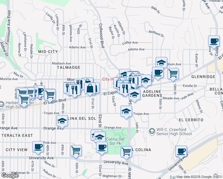 map of restaurants, bars, coffee shops, grocery stores, and more near 5252 El Cajon Boulevard in San Diego