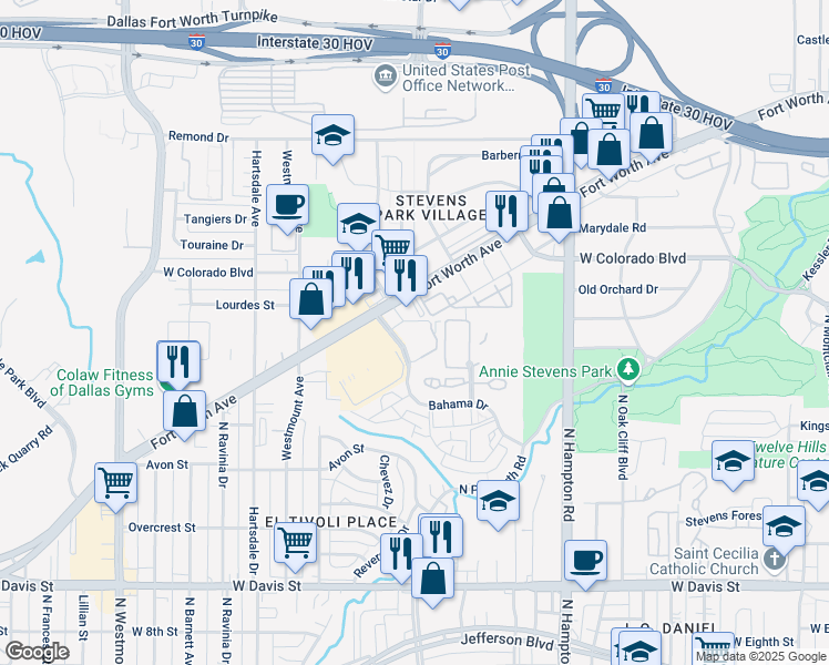 map of restaurants, bars, coffee shops, grocery stores, and more near 2522 Fort Worth Avenue in Dallas