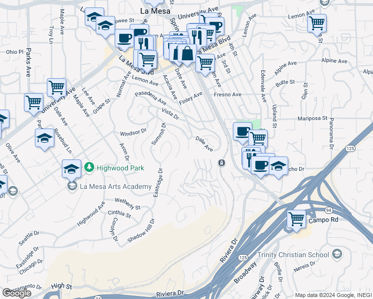 map of restaurants, bars, coffee shops, grocery stores, and more near 4355 Valle Drive in La Mesa