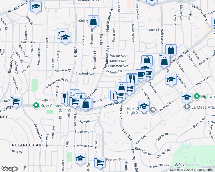map of restaurants, bars, coffee shops, grocery stores, and more near 7236 Berkeley Drive in La Mesa