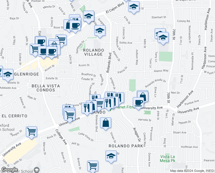 map of restaurants, bars, coffee shops, grocery stores, and more near 4468 Rolando Boulevard in San Diego