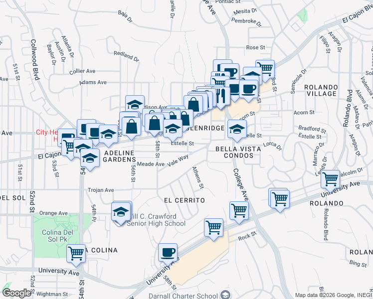 map of restaurants, bars, coffee shops, grocery stores, and more near 5892 Estelle Street in San Diego