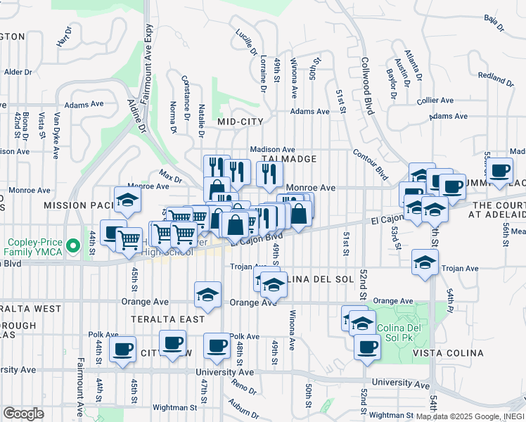 map of restaurants, bars, coffee shops, grocery stores, and more near 4488 Estrella Avenue in San Diego