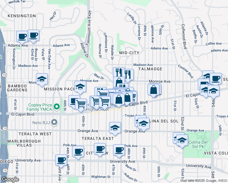 map of restaurants, bars, coffee shops, grocery stores, and more near 4482 47th Street in San Diego