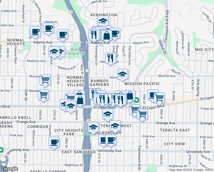 map of restaurants, bars, coffee shops, grocery stores, and more near 4476 Marlborough Avenue in San Diego