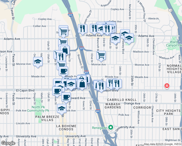 map of restaurants, bars, coffee shops, grocery stores, and more near 4459 32nd Street in San Diego