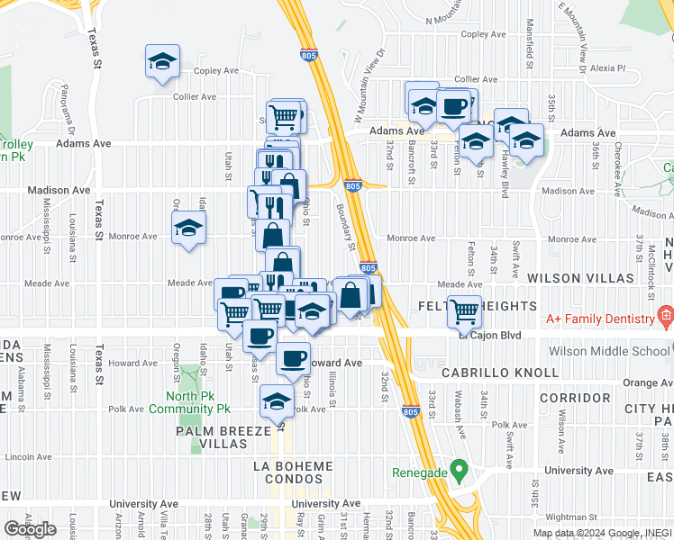 map of restaurants, bars, coffee shops, grocery stores, and more near 4457 Illinois Street in San Diego