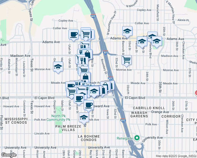map of restaurants, bars, coffee shops, grocery stores, and more near 4457 Illinois Street in San Diego