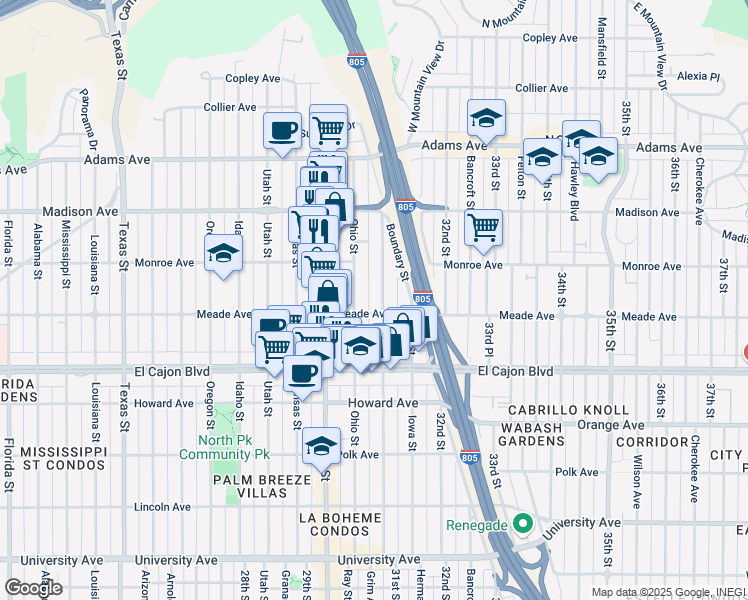map of restaurants, bars, coffee shops, grocery stores, and more near 4457 Illinois Street in San Diego