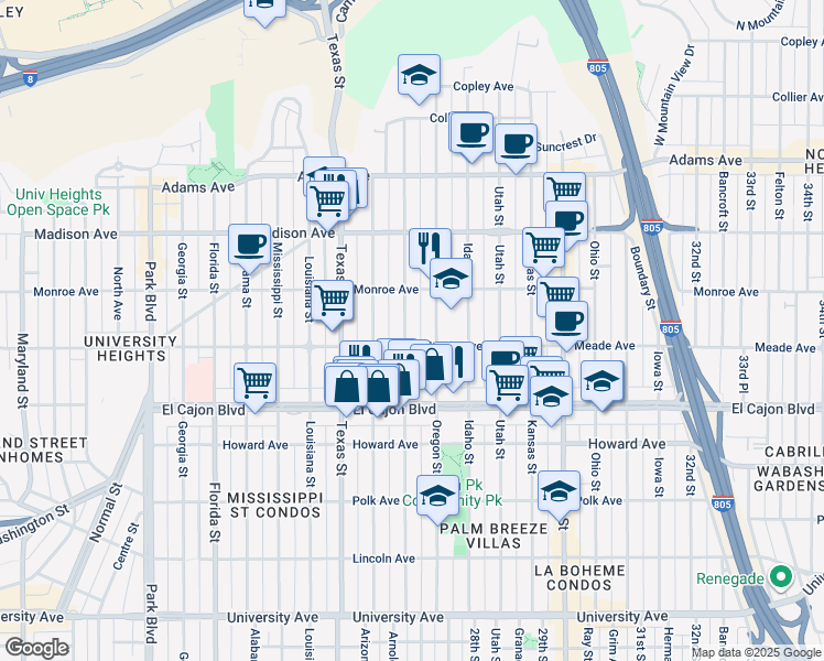 map of restaurants, bars, coffee shops, grocery stores, and more near 4472 Hamilton Street in San Diego