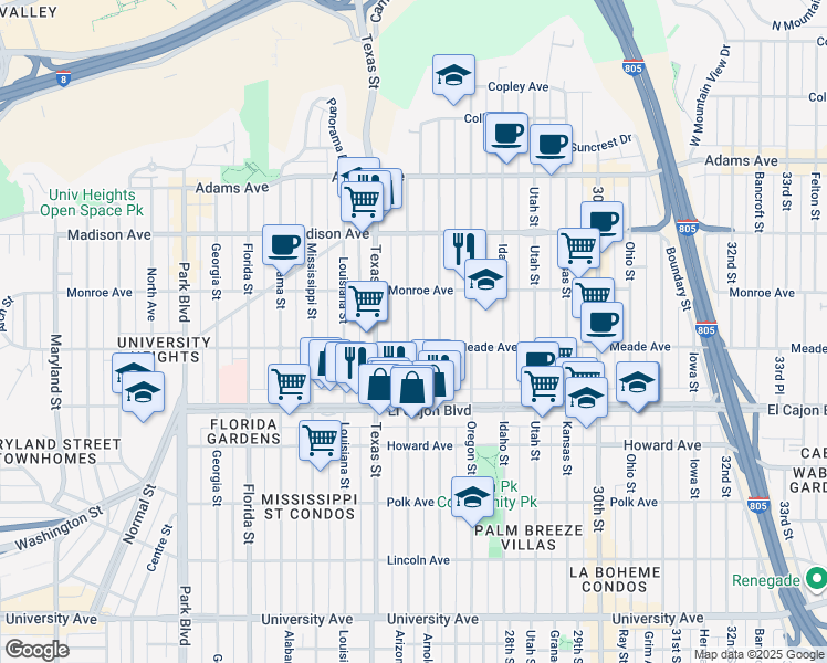 map of restaurants, bars, coffee shops, grocery stores, and more near 4464 Arizona Street in San Diego