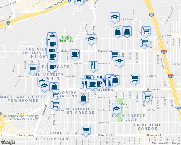 map of restaurants, bars, coffee shops, grocery stores, and more near 4470 Texas Street in San Diego