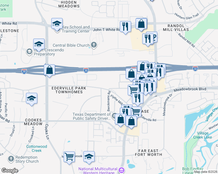 map of restaurants, bars, coffee shops, grocery stores, and more near 1500 Berckmans Road in Fort Worth