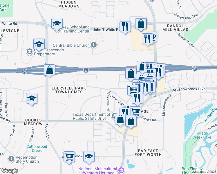 map of restaurants, bars, coffee shops, grocery stores, and more near 1500 Berckmans Road in Fort Worth