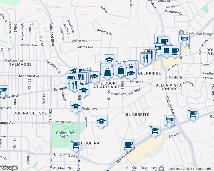 map of restaurants, bars, coffee shops, grocery stores, and more near 5550 Adelaide Avenue in San Diego