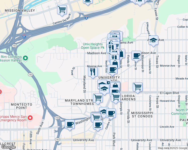 map of restaurants, bars, coffee shops, grocery stores, and more near 4431 Cleveland Avenue in San Diego