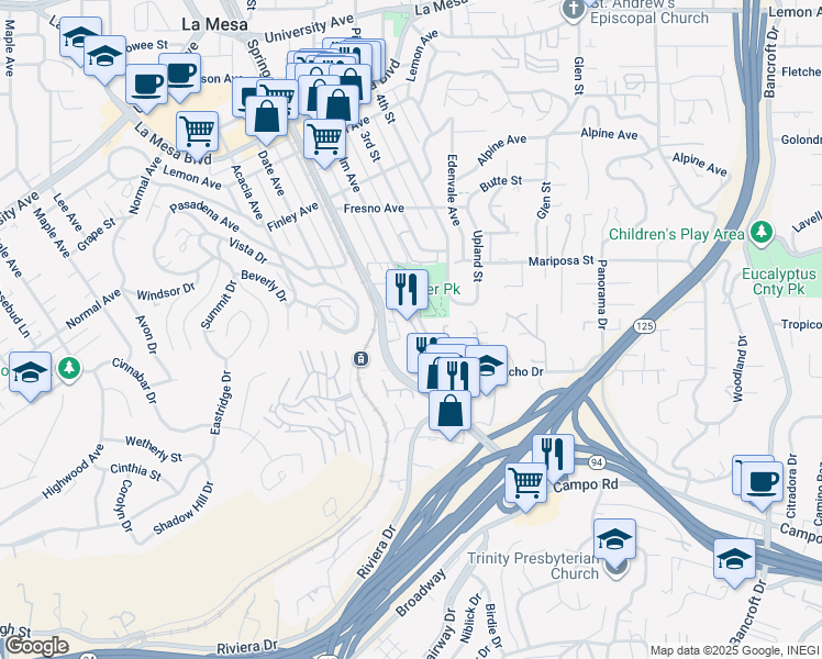 map of restaurants, bars, coffee shops, grocery stores, and more near 4350 Palm Avenue in La Mesa