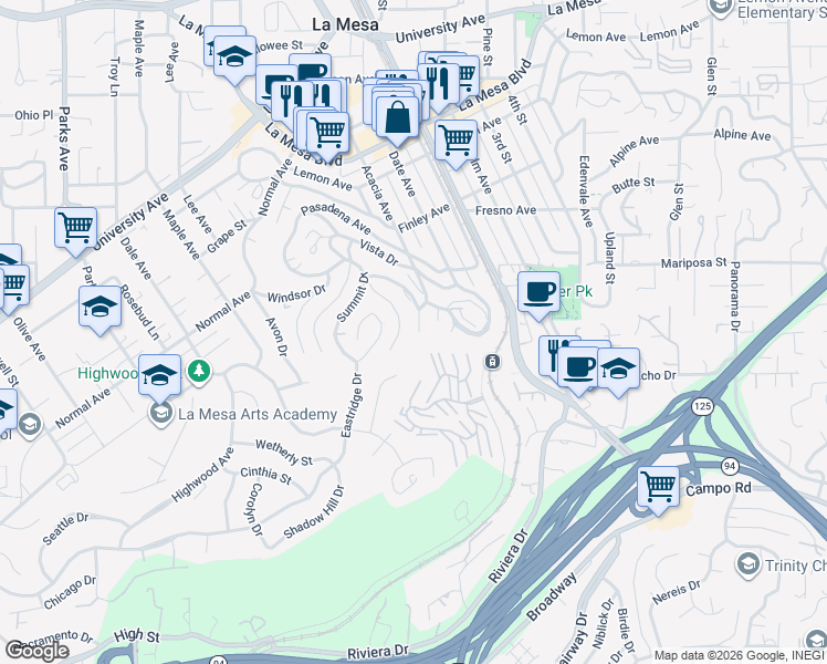 map of restaurants, bars, coffee shops, grocery stores, and more near 4355 Valle Drive in La Mesa