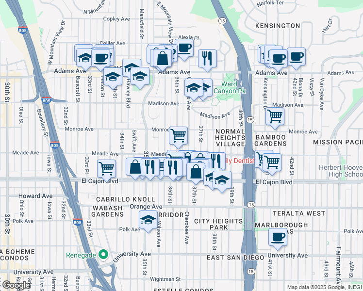 map of restaurants, bars, coffee shops, grocery stores, and more near 4431 36th Street in San Diego