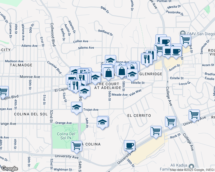map of restaurants, bars, coffee shops, grocery stores, and more near 5532 Adelaide Avenue in San Diego