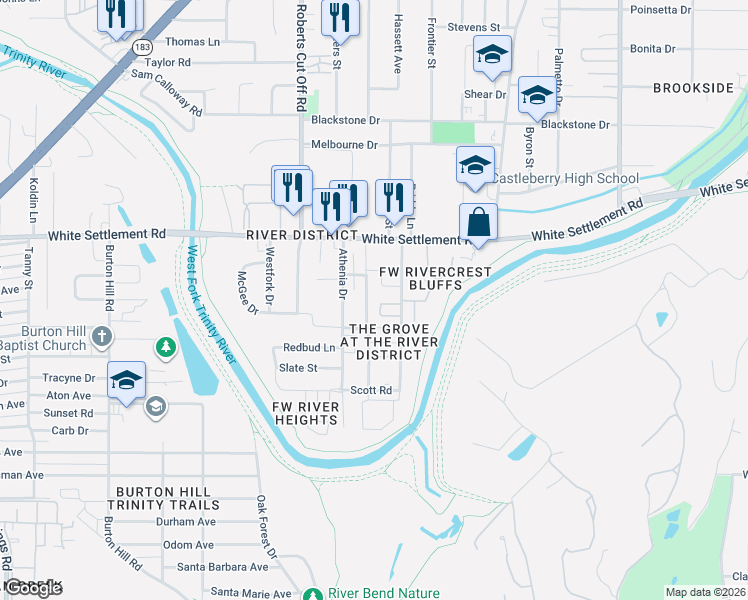 map of restaurants, bars, coffee shops, grocery stores, and more near 209 Sunset Lane in Fort Worth