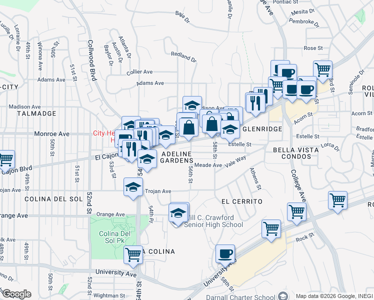 map of restaurants, bars, coffee shops, grocery stores, and more near 5550 Adelaide Avenue in San Diego
