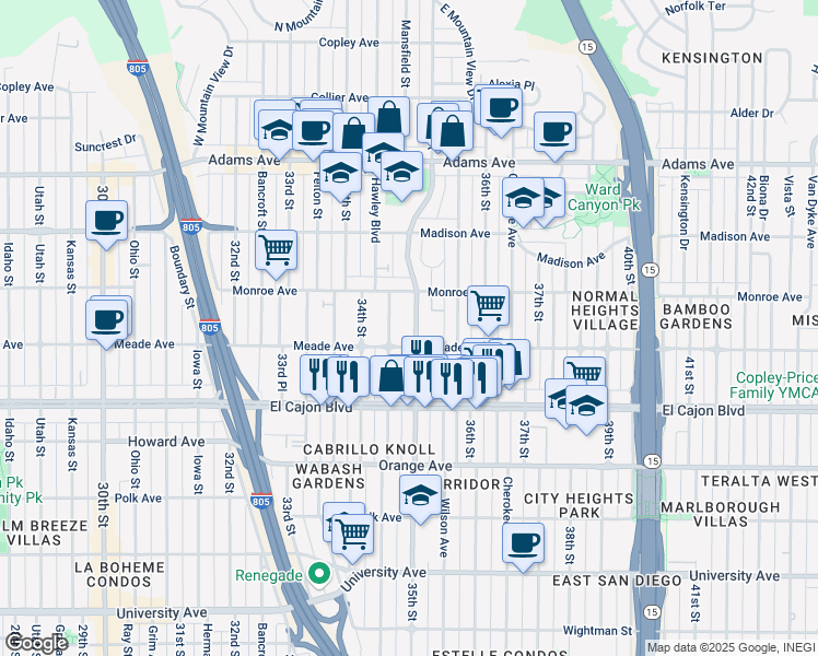map of restaurants, bars, coffee shops, grocery stores, and more near 4473 Swift Avenue in San Diego