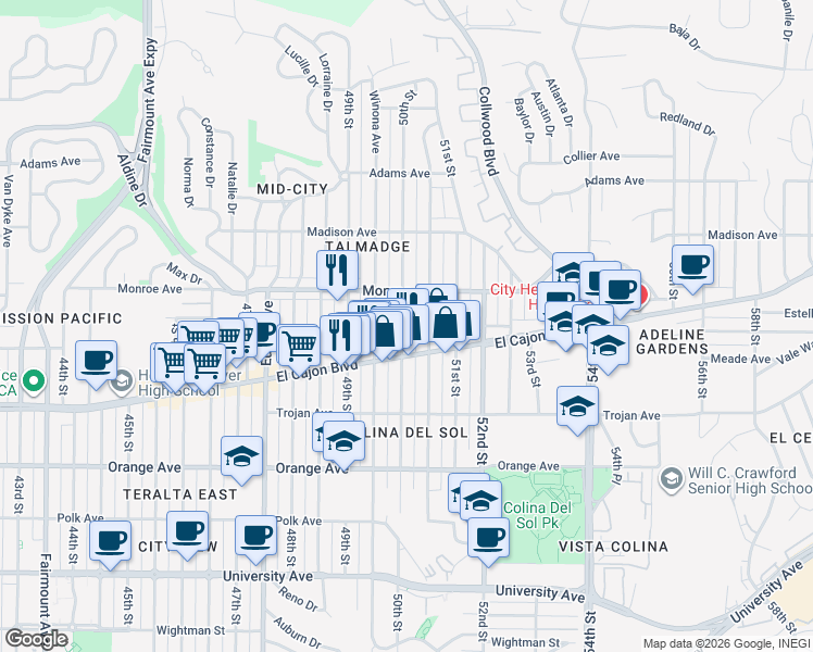 map of restaurants, bars, coffee shops, grocery stores, and more near in San Diego