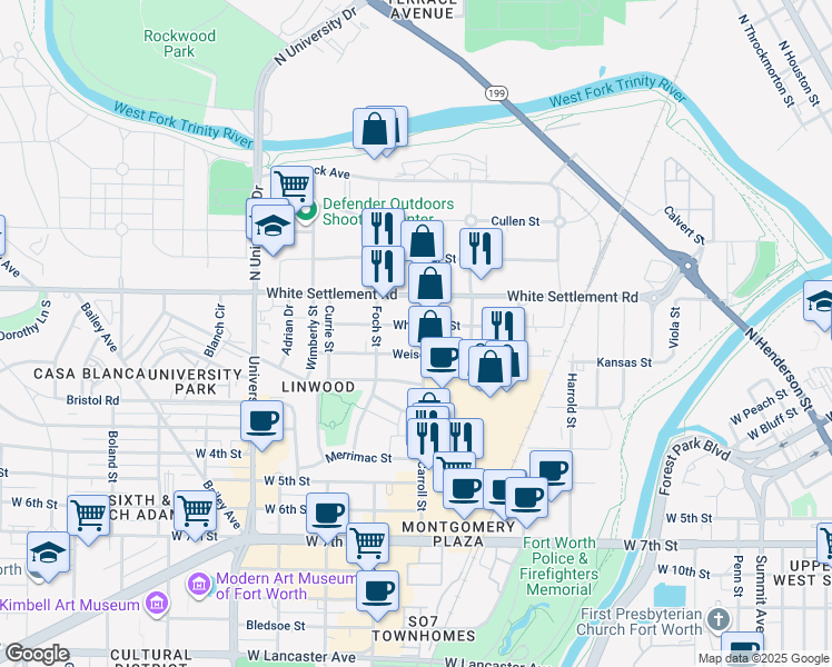 map of restaurants, bars, coffee shops, grocery stores, and more near 109 Carroll Street in Fort Worth