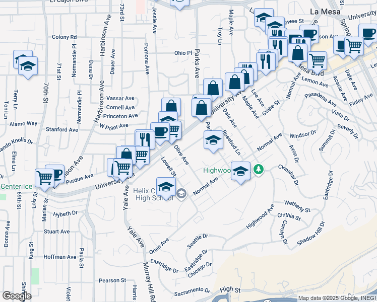 map of restaurants, bars, coffee shops, grocery stores, and more near 7521 Sturgess Avenue in La Mesa