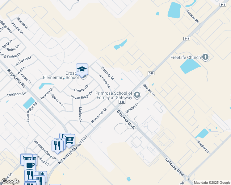 map of restaurants, bars, coffee shops, grocery stores, and more near 606 Ardsley Lane in Forney