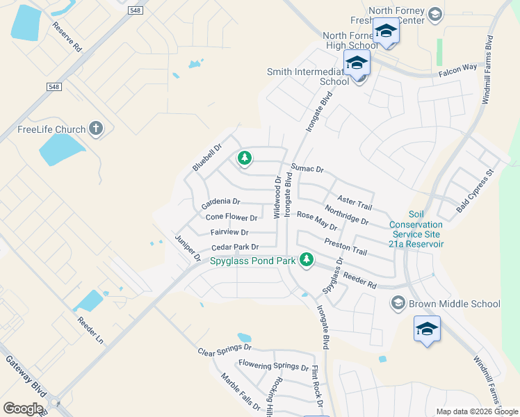 map of restaurants, bars, coffee shops, grocery stores, and more near 2012 Gardenia Drive in Forney