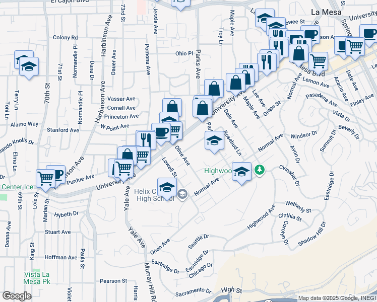 map of restaurants, bars, coffee shops, grocery stores, and more near 7521 Sturgess Avenue in La Mesa