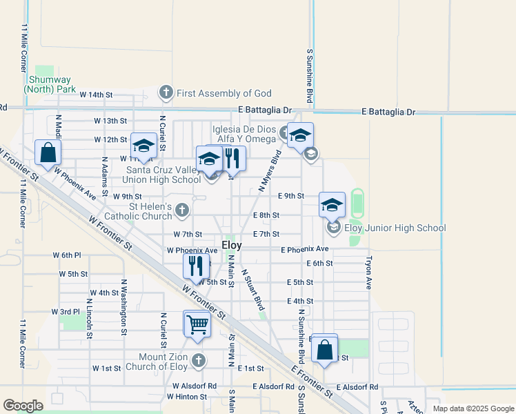 map of restaurants, bars, coffee shops, grocery stores, and more near 805 North Myers Boulevard in Eloy