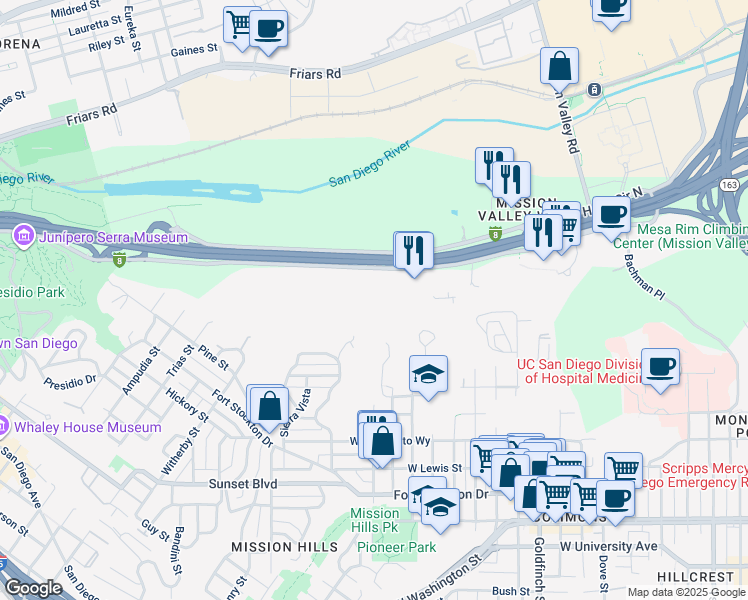 map of restaurants, bars, coffee shops, grocery stores, and more near 1621 Hotel Circle South in San Diego